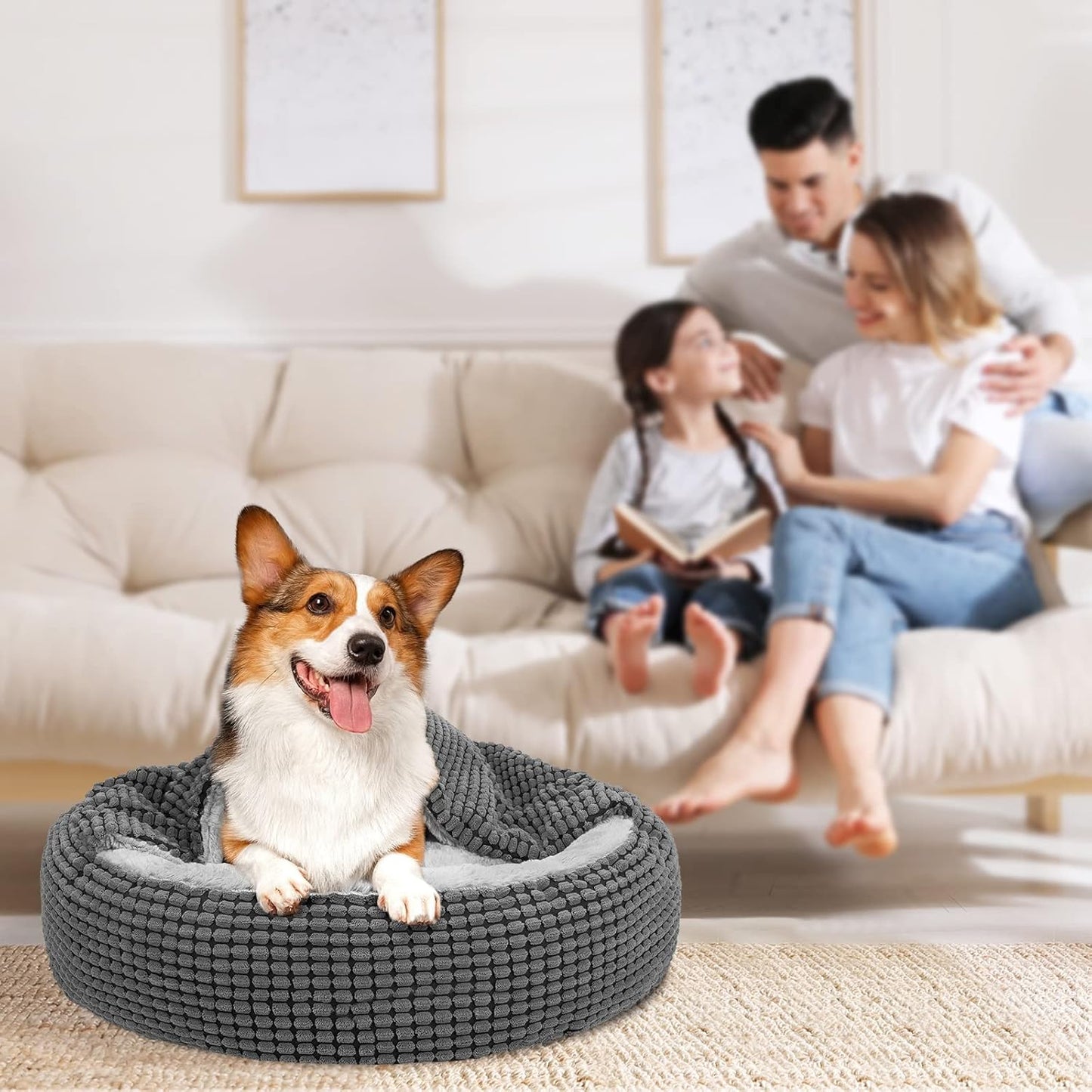 Round Plush Pet Bed with Attached Blanket – Medium (26")